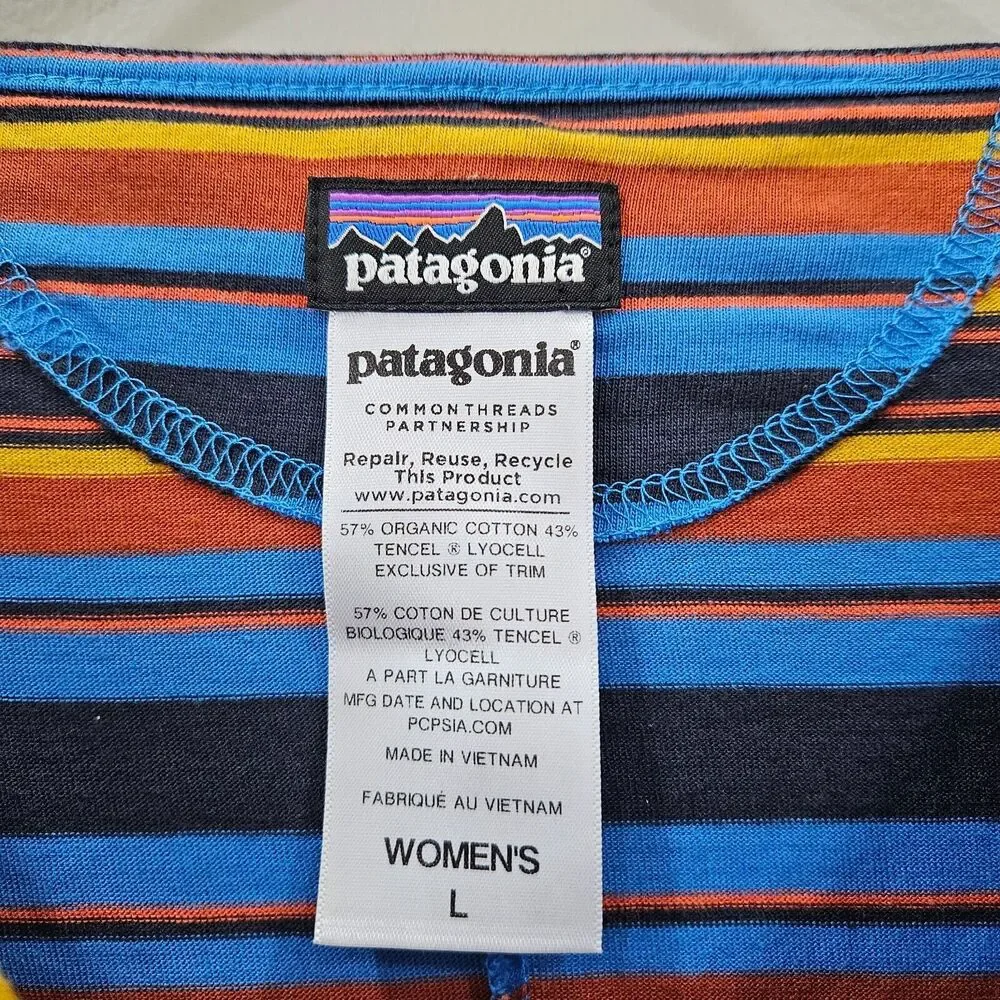Patagonia Womens Kamala Cowl Neck Dress L Multicolor Ruched Striped Western Fall